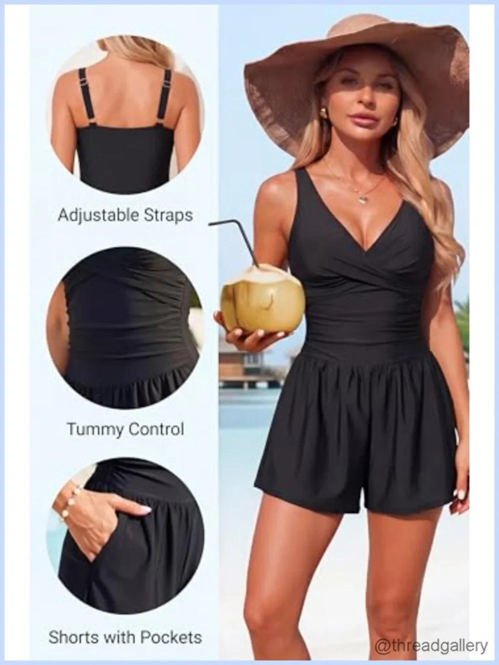 Women's One Piece Swim Romper Tummy Control V-Neck with Shorts and Pockets